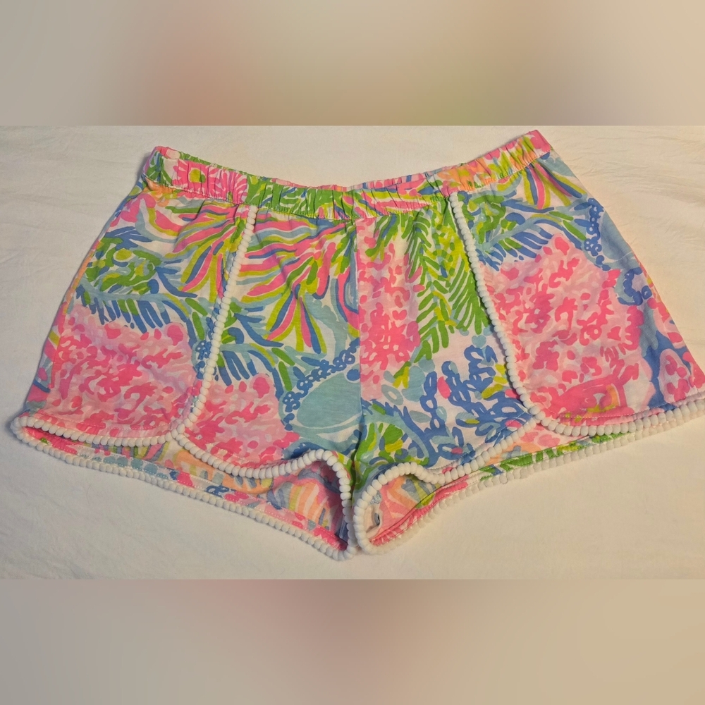 Lilly Pulitzer Pink and Blue Athletic Shorts Vibrant Tropical Design